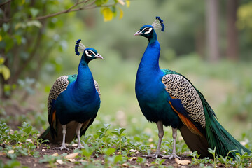 Two Peacocks Standing in a Natural Habitat with Vibrant Plumage