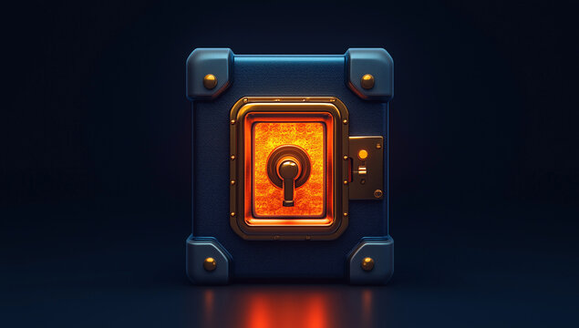 Futuristic safe glows on dark surface. Concept depicts security, protection, investment, treasure. Ideal for tech, finance, gaming content, web design, editorial use.