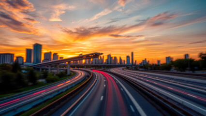 Fototapeta premium Blurred urban transport infrastructure at sunset creates an atmosphere of movement and urban perspective. Suitable for backgrounds or designs on a transport theme.