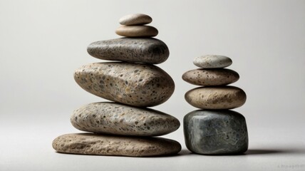 Two stacks of smooth stones balanced on top of each other against a plain white background