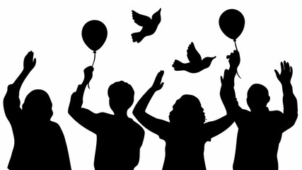 Silhouette of people releasing balloons and birds into the air in a celebratory gesture or memorial event | editable eps vectors