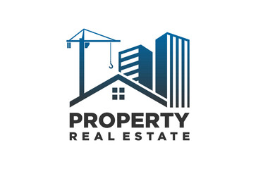 Real estate property agent building logo design, featuring a tower crane, house, and skyscrapers. Vector icon illustration.
