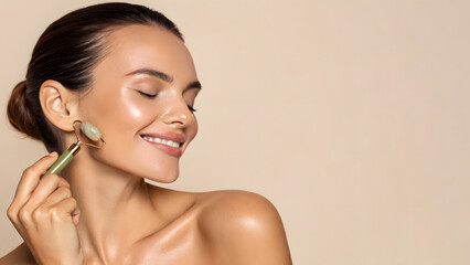 Woman using jade roller on jawline with soft beige background