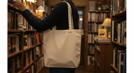 A person in a bookstore reaches for a book on a shelf, carrying a tote bag over their shoulder.