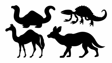 Silhouette illustration showing a plesiosaur camel dinosaur and a jackal animal in black color | editable eps vectors