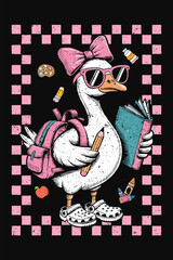 Cute School Goose with Glasses, Book, and Pink Backpack
