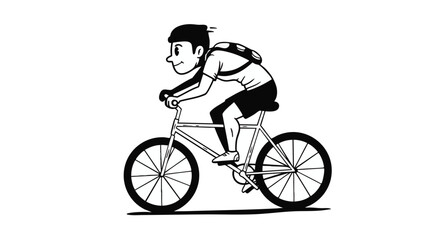 Obraz premium Cyclist Silhouette Riding Bicycle With Backpack Against White Background