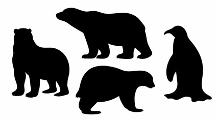 Silhouette illustration featuring three bears in various poses and a single penguin on a white background | editable eps vectors