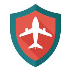 Flat shield icon featuring a stylized airplane inside presented on a clean white background for versatile design applications
