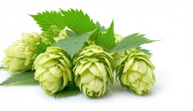 Fresh green hops or hop cone flowers with leaves on white background