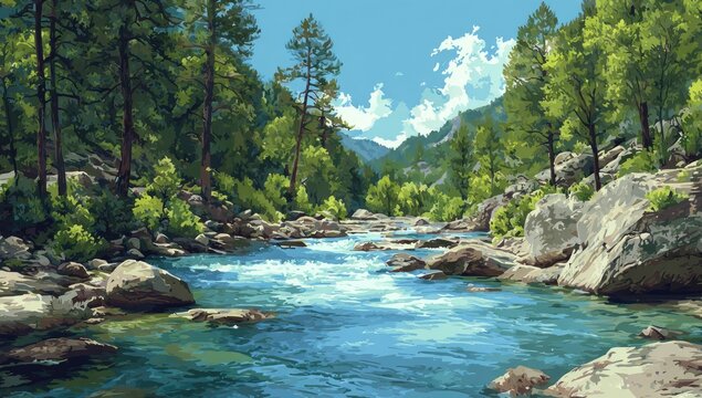 Pixel art of a serene mountain stream
