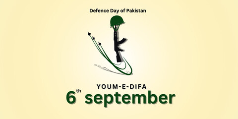 Pakistan Defense Day poster and banner, template design for 6 September. Youm E Difa Card design with Pakistan monuments, Pakistan map, and flag. Minar e Pakistan with flying fighter jets Background.