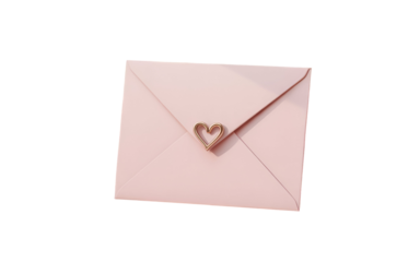 Delicate pink envelope with golden heart clasp isolated on a transparent background letter paper