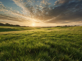 Obraz premium Golden hour over rolling green hills and dramatic sky landscape nature