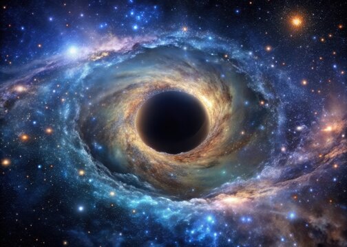 Deep space galaxy background with thousands of twinkling stars and a massive black hole at center