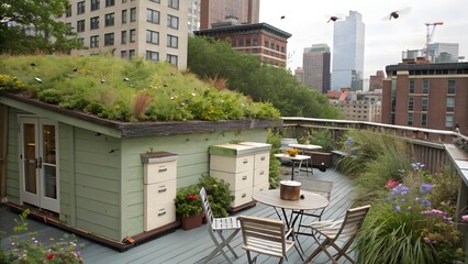 Rooftop garden with green roof shed, bee hives, and city skyline background