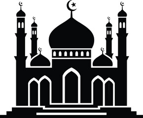 Islamic mosque silhouette with domes and minarets, religious building icon, Muslim architecture, spiritual temple, holy cultural heritage illustration.