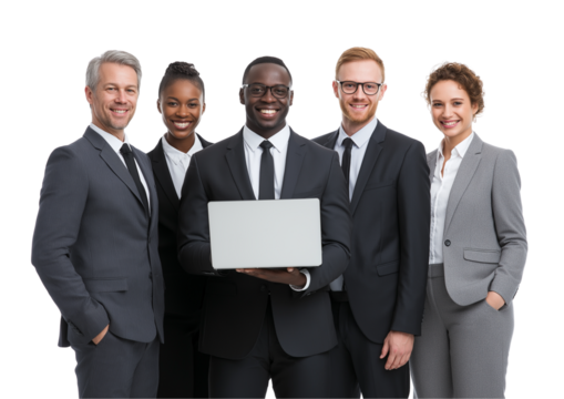 A photo of business people standing together, smiling and holding laptop computer on transparent background