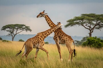 Obraz premium Two Giraffes Engaged in a Playful Fight in the Wild