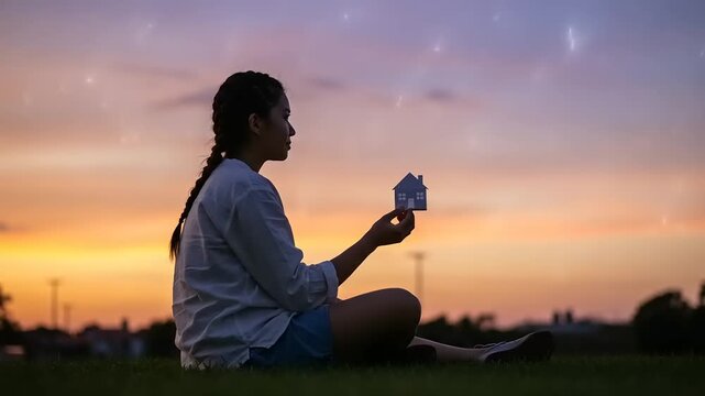Dreaming of Homeownership: Young Woman Holding a Paper House at Sunset
