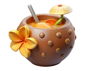 Stylized tiki drink illustration in a brown bowl with flower and cocktail umbrella on a background