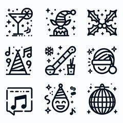 Set of Christmas Holiday Celebration Icons in Line Art Style
