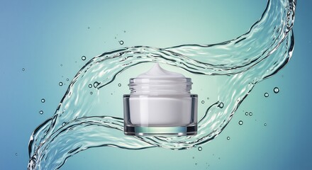 Luxurious skincare cream jar with refreshing pure water splash against a tranquil blue background for ultimate skin hydration.