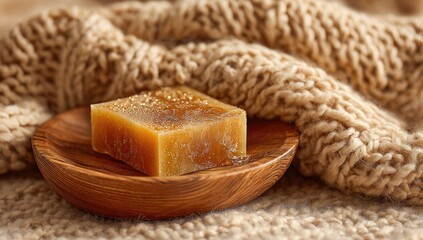 Honey-toned soap bar in wooden dish, draped in beige knit