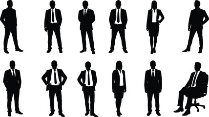 Silhouette of business professionals in suits, men and women standing and sitting, corporate attire, teamwork concept, office pose collection