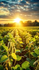 Soybeans growing in a field with sunlight filtering through trees