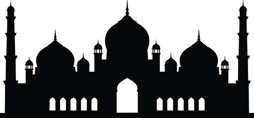 Silhouette of mosque building with domes and minarets, Islamic architecture, perfect for Eid, Ramadan, religion, and cultural design themes.