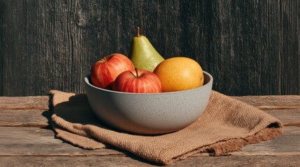 Rustic bowl with red apples pear and Asian pear on burlap cloth over wooden table against dark textured background