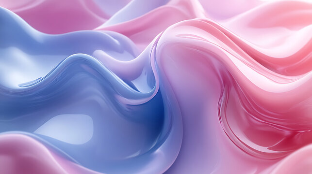 Softly animated abstract blobs morphing shapes in smooth pastel pink and blue tones with glossy fluid texture and gentle curves