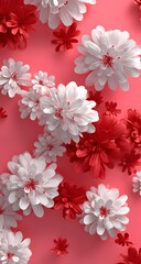 Elegant 3D white and red flowers on pink background for romantic floral design
