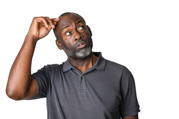 Thoughtful Black man scratching head pondering solutions to complex problems with expression