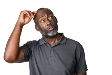 Thoughtful Black man scratching head pondering solutions to complex problems with expression