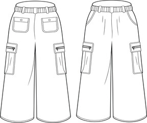 Flat vector CAD illustration of women&rsquo;s wide-leg cargo pants with flap pockets, side zippers, belt loops, and seam detailing