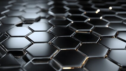 Futuristic black hexagon metallic surface with 3D geometric pattern and glossy texture