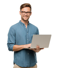 A smiling man in his thirties, wearing glasses and a blue shirt, is holding an open laptop computer on a transparent background
