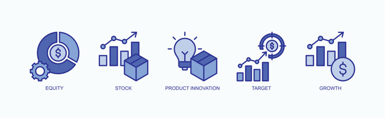 A Visionary Icon Set Isolated Vector With Icon Of Equity, Stock, Product Innovation, Target, Growth In Blue Style