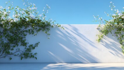 Minimal white terrace with blooming flowers and clear blue sky in Mediterranean style