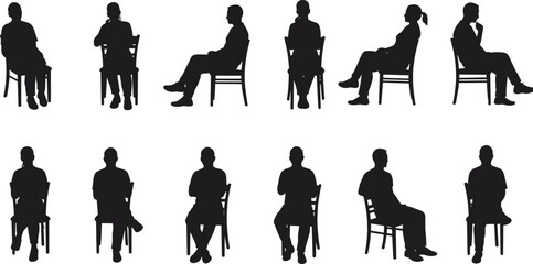 Silhouette of people sitting on chairs, front and side views, casual poses, male and female figures, vector black illustration.