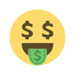Yellow emoji face with dollar signs for eyes and a green dollar sign tongue sticking out of its mouth