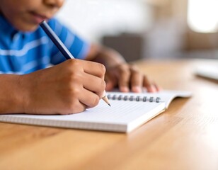 Focused young student diligently writing in a notebook during class time
