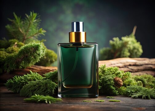 Elegant dark green perfume bottle with oakmoss and cedarwood scent