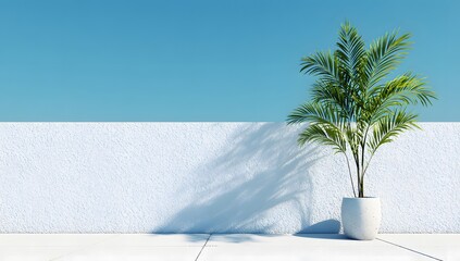 Minimal white terrace with blooming flowers and clear blue sky in Mediterranean style