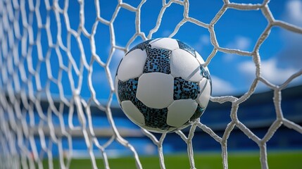 Naklejka premium A Soccer Ball In a soccer goal net in a big stadium