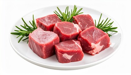 Plate of neatly diced raw meat cubes with parsley garnish prepared for cooking or recipe use