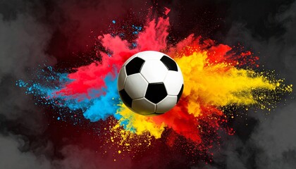 A Black and white soccer ball with vivid paint splashes on dark backdrop blending sport and abstract art