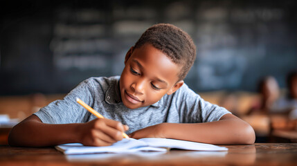 Little boy writing and smiling at camera during class in elementary school